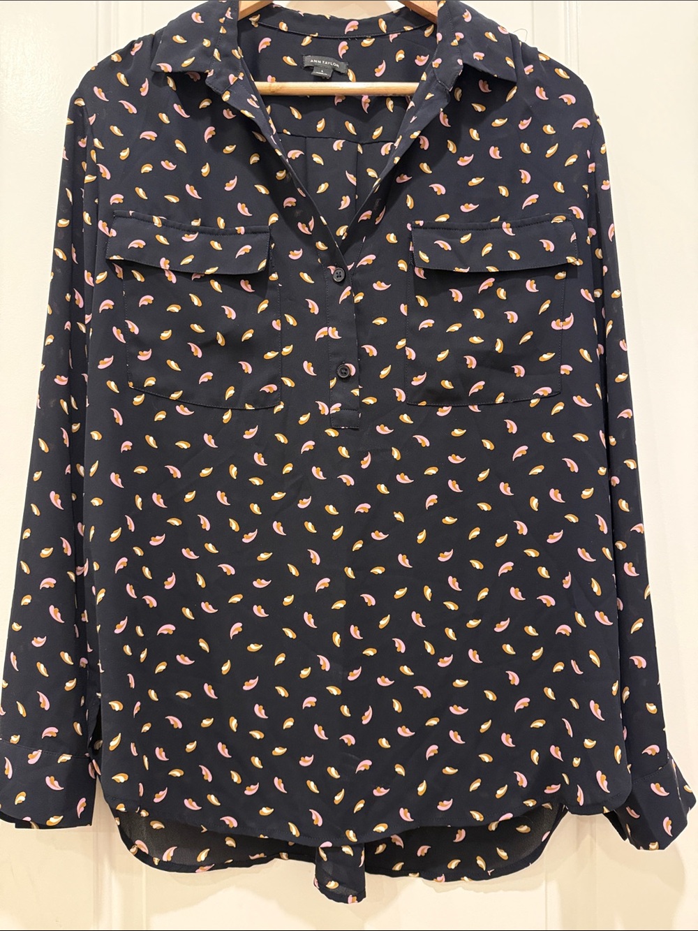Ann Taylor Navy Blouse with Pink & Yellow Petal Motif